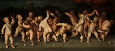 Im Reigen tanzende und sich balgende Kinder in einer Landschaft von Denis Calvaert